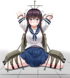 Rule 34 | 10s, 1girl, antenna hair, arms behind head, arms up, backpack, bag, bdsm, blue ribbon, blue skirt, blush, bondage, bound, brown eyes, cannon, chain, closed mouth, collarbone, embarrassed, eyebrows, flying sweatdrops, frown, fubuki (kancolle), full body, kantai collection, legs apart, looking at viewer, machinery, pleated skirt, purple hair, restrained, ribbon, school uniform, serafuku, short hair, short sleeves, simple background, sitting, skirt, solo, spread legs, sumeragi seisuke, thigh strap, thighs, tile floor, tiles, tsurime, turret, wariza, white background
