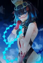 Rule 34 | 1girl, absurdres, bare shoulders, black hair, blood, blood on hands, blue hair, bracer, breasts, colored inner hair, detached collar, eyeliner, facepaint, fate/grand order, fate (series), feathers, grey eyes, halterneck, headdress, high collar, highres, looking at viewer, makeup, multicolored hair, night, night sky, rain, sash, short hair, sidelocks, sky, small breasts, solo, sungoidekame, tassel, tenochtitlan (fate), tenochtitlan (first ascension) (fate), wet, whip