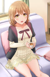 Rule 34 | 1girl, blush, brown eyes, brown hair, cup, dress, highres, inanaki shiki, indoors, isshiki iroha, jacket, looking at viewer, meme, open clothes, open jacket, open mouth, sitting, solo, teacup, they had lots of sex afterwards (meme), yahari ore no seishun lovecome wa machigatteiru.