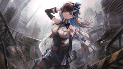 Rule 34 | 1girl, absurdres, arm up, bare shoulders, belt, black pantyhose, breasts, brown hair, detached sleeves, dutch angle, floating hair, goddess of victory: nikke, hand in own hair, hat, highres, hirose (10011), holster, jacket, large breasts, long hair, looking at viewer, marian (nikke), military, military hat, military uniform, necktie, pantyhose, pouch, project nikke, purple eyes, ruins, scenery, sleeveless, smile, solo, thigh holster, uniform, white jacket