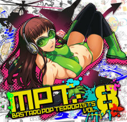 Rule 34 | 1girl, album cover, bare shoulders, boots, breasts, brown hair, cover, elbow gloves, gloves, green footwear, headphones, long hair, lying, medium breasts, midriff, original, shike naoto, sideboob, solo, sunglasses, thighhighs