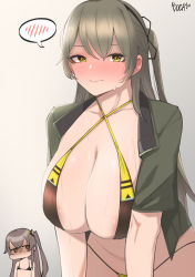 Rule 34 | 2girls, alternate breast size, areola slip, bikini, blush, boca, breasts, closed mouth, ear blush, embarrassed, girls&#039; frontline, grey hair, hair between eyes, hair ribbon, highres, huge breasts, long hair, looking at viewer, multiple girls, open clothes, open shirt, ribbon, short sleeves, solo focus, spoken blush, swimsuit, ump40 (girls&#039; frontline), ump45 (girls&#039; frontline), yellow eyes