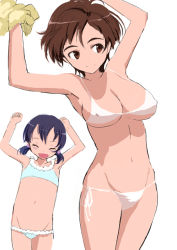 Rule 34 | 00s, 2girls, age difference, amaha masane, amaha rihoko, arms up, bikini, breasts, brown eyes, brown hair, cleavage, flat chest, large breasts, lowleg, mother and daughter, multiple girls, sasahara yuuki, side-tie bikini bottom, small breasts, standing, swimsuit, witchblade