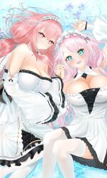 Rule 34 | 2girls, absurdres, aqua eyes, azur lane, bare shoulders, breasts, cleavage, detached collar, detached sleeves, dress, frilled dress, frilled hairband, frills, hair between eyes, hairband, highres, holding hands, large breasts, long hair, looking at viewer, lying, multiple girls, perseus (azur lane), petals, petals on liquid, pink eyes, pink hair, theseus (azur lane), thighhighs, tsuri pi, twintails, water, white dress, white thighhighs, wide sleeves