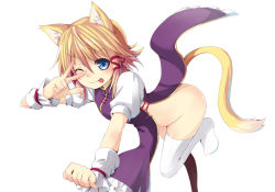Rule 34 | 1girl, ;p, animal ears, bad id, bad pixiv id, blonde hair, blue eyes, bottomless, cat ears, cat girl, cat tail, female focus, hair ribbon, kemonomimi mode, moriya suwako, naked tabard, no headwear, one eye closed, oukawa yuu, revealing clothes, ribbon, short hair, simple background, solo, tabard, tail, thighhighs, tongue, tongue out, touhou, v, white background, white thighhighs, wink, wrist cuffs