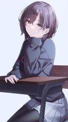 Rule 34 | 1girl, absurdres, black eyes, black hair, black sweater, blue background, chair, closed mouth, desk, friend0426, gradient background, hair ornament, hairclip, head rest, highres, higuchi madoka, idolmaster, idolmaster shiny colors, long sleeves, looking at viewer, on chair, pleated skirt, school chair, school desk, school uniform, short hair, sitting, skirt, solo, sweater, white skirt