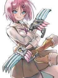 Rule 34 | 1girl, assault lily, belt collar, blue eyes, blush, bob cut, breasts, brown choker, brown jacket, brown pantyhose, choker, claw (weapon), closed mouth, clothes around waist, collar, collared shirt, commentary request, cowboy shot, crossed arms, dual wielding, glint, hair between eyes, hair ornament, hairclip, hand up, high-waist skirt, holding, holding weapon, jacket, jacket around waist, long sleeves, looking at viewer, loose neck ribbon, medium breasts, miniskirt, neck ribbon, pantyhose, pink hair, pleated skirt, purple ribbon, ribbon, school uniform, shirt, short hair, simple background, single leg pantyhose, skirt, sleeves rolled up, smile, solo, standing, suspender skirt, suspenders, t jam, tsujimoto yuunagi, v-shaped eyebrows, weapon, white background, white shirt