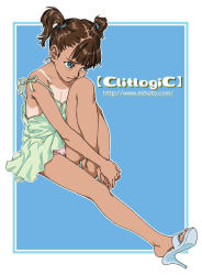 Rule 34 | 1girl, blue eyes, brown hair, feet, full body, hands on feet, high heels, mihoto kouji, one-piece tan, original, outline, own hands together, panties, pink panties, sandals, shoe soles, short hair, short twintails, skirt, solo, spaghetti strap, strap slip, tan, tanline, twintails, underwear, v arms, watermark, web address