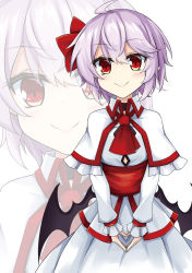 Rule 34 | 1girl, akisome hatsuka, bat wings, closed mouth, collarbone, dress, frilled dress, frilled sleeves, frills, gradient eyes, hair between eyes, heart, heart hands, long sleeves, looking at viewer, multicolored eyes, pointy ears, purple hair, red eyes, red neckwear, red sash, remilia scarlet, sash, shirt, short hair, simple background, skirt, smile, solo, touhou, upper body, white background, white shirt, white skirt, white sleeves, wings