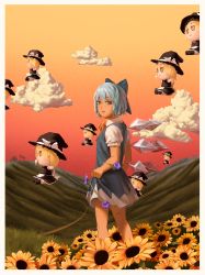 Rule 34 | 1girl, apron, black headwear, black skirt, black vest, blonde hair, blouse, blue bow, blue dress, blue eyes, blue flower, blue hair, bow, c:, cirno, cloud, collared shirt, dress, field, flower, flower boy, flower field, flower ornament, frilled apron, frilled hat, frills, from side, fumo (doll), hair bow, hakurei shrine, hat, hat bow, highres, holding, holding clothes, holding skirt, ice, ice wings, kips, kirisame marisa, mixed-language commentary, open mouth, outstretched arms, path, photo-referenced, plant, puffy short sleeves, puffy sleeves, road, shirt, short sleeves, skirt, smile, solo focus, spread arms, sunflower, sunflower field, sunset, tanned cirno, torii, touhou, tyler the creator, vest, vines, waist apron, white apron, white bow, white shirt, wings, witch hat, yellow eyes