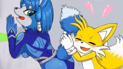 Rule 34 | 1boy, 1girl, blue hair, blush, bodysuit, closed eyes, crossover, fox, furry, gloves, happy, heart, hetero, hug, jewelry, krystal, looking back, miiverse, nintendo, open mouth, sega, short hair, simple background, size difference, smile, sonic (series), star fox, tail, tails (sonic), taka0409