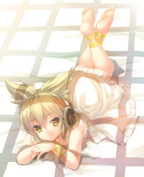 Rule 34 | 1girl, anklet, barefoot, blonde hair, bracelet, dress, earmuffs, feet, jewelry, looking at viewer, lying, on stomach, pointy hair, smile, solo, takatsukasa yue, the pose, touhou, toyosatomimi no miko, white dress, yellow eyes