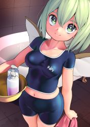 Rule 34 | 1girl, breasts, closed mouth, clothes writing, collarbone, daiyousei, fairy, fairy wings, feet out of frame, from above, green eyes, green hair, hair between eyes, highres, huxiao (mistlakefront), long hair, looking at viewer, medium breasts, navel, shampoo bottle, short sleeves, side ponytail, signature, smile, solo, touhou, wings