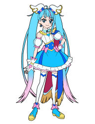 Rule 34 | 1girl, absurdres, ankle boots, armband, blue dress, blue footwear, blue hair, boots, closed mouth, commentary, cure sky, diagonal bangs, dress, earrings, fingerless gloves, frilled dress, frills, gloves, gradient hair, hand on own hip, highres, hirogaru sky! precure, jewelry, long hair, looking at viewer, magical girl, masami 01st, multicolored hair, pink hair, precure, short dress, simple background, sleeveless, sleeveless dress, smile, solo, sora harewataru, standing, streaked hair, thighhighs, very long hair, white background, white gloves, white thighhighs