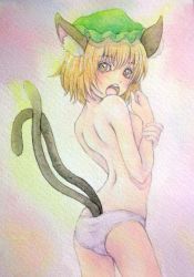 Rule 34 | 1girl, animal ears, blush, brown eyes, brown hair, cat ears, cat tail, chen, covering privates, covering breasts, eyelashes, hat, highres, multiple tails, nekomata, open mouth, painting (medium), panties, panties only, purple panties, solo, tail, topless, touhou, traditional media, two tails, underwear, underwear only, watercolor (medium), white panties, yellow eyes, yuyu (00365676)