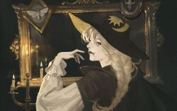 Rule 34 | 1girl, black cape, black lips, black nails, blonde hair, blood, candle, candlelight, candlestand, cape, highres, lipstick, long hair, looking at viewer, makeup, mirror, original, pale skin, pointy ears, red eyes, shirt, smile, solo, tagme, toivarg, vampire