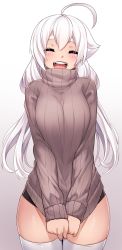 Rule 34 | 1girl, ahoge, breasts, closed eyes, commentary, commission, cowboy shot, english commentary, gradient background, highres, iwbitu, long hair, long sleeves, nyopu, open mouth, original, solo, sweater, teeth, thick eyebrows, thighhighs, turtleneck, turtleneck sweater, white hair, white thighhighs