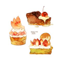 Rule 34 | cake, cake slice, cherry, commentary, cream, cyannism, english commentary, english text, food, food focus, fruit, no humans, original, pie, pie slice, simple background, still life, strawberry, white background