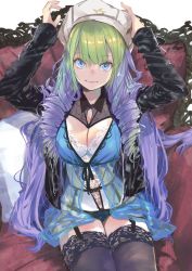 Rule 34 | 1girl, adjusting clothes, adjusting headwear, armchair, arms up, black jacket, blue eyes, blue hair, breasts, bustier, chair, cleavage, commentary, drill hair, eyebrows, eyebrows hidden by hair, eyelashes, eyeliner, garter straps, gradient hair, green hair, hand on headwear, hat, highres, jacket, kiriyama, large breasts, lingerie, long hair, looking at viewer, makeup, mascara, multicolored hair, open clothes, open jacket, original, pillow, purple hair, sitting, smile, solo, thighhighs, translated, twin drills, underwear, very long hair, white hat, zettai ryouiki