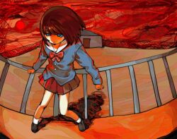 1girl blue_eyes brown_hair closed_mouth commentary english_commentary fisheye guangmoye_nz imminent_suicide long_sleeves looking_down medium_hair on_rooftop original pleated_skirt railing red_background rooftop school_uniform shoes skirt solo standing