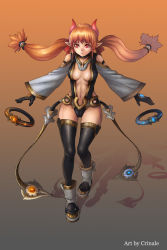 Rule 34 | 1girl, bad id, bad pixiv id, boots, breasts, demon girl, female focus, full body, gloves, gradient background, horns, jewelry, lapucelle (arasoo1210), long hair, orange hair, original, red eyes, ring, solo, thighhighs, twintails