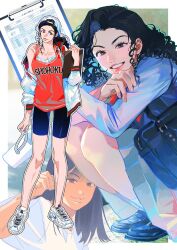 Rule 34 | 1girl, ayako (slam dunk), backwards hat, bag, baseball cap, basketball jersey, black eyes, black hair, black shorts, clipboard, curly hair, full body, grey skirt, hat, highres, holding, holding clipboard, jacket, jacket partially removed, long hair, looking at viewer, multicolored clothes, multicolored jacket, multiple views, off shoulder, ponytail, red tank top, school bag, school uniform, shoes, shorts, skirt, slam dunk (series), smile, sneakers, squatting, tank top, two-tone jacket, upper body, whistle, yesfestival0