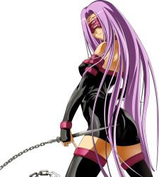 Rule 34 | 1girl, absurdres, blindfold, bridal gauntlets, chain, collar, dress, facial mark, fate/stay night, fate (series), forehead mark, highres, long hair, looking at viewer, medusa (fate), medusa (rider) (fate), nameless dagger (fate), purple hair, solo, straywolf, thighhighs, transparent background, weapon, zettai ryouiki