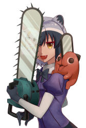 Rule 34 | 2girls, :d, animal ears, black gloves, chainsaw, chainsaw man, common raccoon (kemono friends), crossover, fang, fennec (kemono friends), gloves, grey hair, highres, holding, holding chainsaw, kemono friends, looking at viewer, multicolored hair, multiple girls, open mouth, pochita (chainsaw man), puffy short sleeves, puffy sleeves, purple shirt, reflection, shirt, short sleeves, simple background, slit pupils, smile, taka (takahirokun), white background, yellow eyes