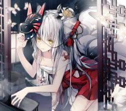 Rule 34 | 1girl, animal ears, bandaged leg, bandages, breasts, bug, butterfly, collarbone, feet out of frame, fox ears, fox girl, fox mask, fox tail, grey hair, hair between eyes, hair ornament, hakama, hakama skirt, highres, holding, holding mask, insect, japanese clothes, kneeling, leg tattoo, long hair, mask, mask on head, multiple tails, numi (sin), original, red hakama, sarashi, skirt, small breasts, solo, tail, tattoo, yellow eyes