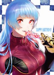 Rule 34 | 1girl, azuma kyoutarou (artist), blue hair, blush, bodysuit, breasts, candy, food, gloves, happy birthday, highres, kula diamond, lollipop, long hair, long sleeves, looking at viewer, medium breasts, red eyes, smile, snk, solo, the king of fighters, the king of fighters xiv, upper body