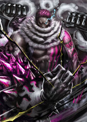 Rule 34 | 1boy, abs, arm tattoo, armlet, artist name, black gloves, charlotte katakuri, chest tattoo, clenched hands, commentary, covered mouth, english commentary, gloves, male focus, muscular, muscular male, one piece, purple hair, scar, scar on face, scar on mouth, scarf, short hair, solo, spiked armlet, spikes, tattoo, vinrylgrave