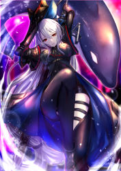 Rule 34 | 1girl, absurdres, arknights, arms up, black legwear, black shorts, breasts, floating hair, hair between eyes, highres, holding, holding weapon, long hair, medium breasts, nana (sam900321), parted lips, red eyes, short shorts, shorts, silver hair, skadi (arknights), skadi (elite ii) (arknights), solo, thigh strap, very long hair, weapon