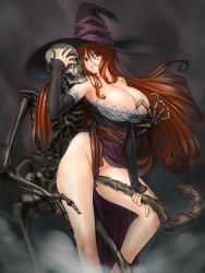 Rule 34 | 1girl, bare shoulders, bottomless, breasts, cleavage, dragon&#039;s crown, dress, hat, hayama kazusa, highres, huge breasts, long hair, looking at viewer, no panties, red eyes, red hair, skeleton, solo, sorceress (dragon&#039;s crown), staff, strapless, strapless dress, very long hair, witch hat