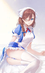 Rule 34 | akitsuki (oenothera), apron, arm support, ass, blue dress, blue eyes, braid, braided ponytail, brown hair, dress, embarrassed, frilled dress, frilled hairband, frilled skirt, frilled sleeves, frills, go-toubun no hanayome, hair between eyes, hairband, headdress, highres, lying, maid, maid apron, maid headdress, nakano miku, on side, one eye closed, open mouth, panties, puffy sleeves, short sleeves, side ponytail, skirt, solo, striped clothes, striped panties, thighhighs, thighs, underwear, upskirt, white apron, white thighhighs