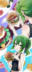 1girl bare_arms bare_shoulders black_tank_top blush burger collarbone eating food green_eyes green_hair highres holding holding_food igarashi_futaba_(shiromanta) medium_hair midriff mo0o0rae multicolored_background multiple_views musical_note ponytail senpai_ga_uzai_kouhai_no_hanashi sidelocks tank_top