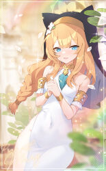 Rule 34 | 1girl, animal ear fluff, animal ear headwear, apple caramel, armlet, bare shoulders, blonde hair, blue archive, blue eyes, blush, braid, breasts, commentary, covered navel, dress, english commentary, fake animal ears, flower, habit, hair flower, hair ornament, halo, highres, looking at viewer, mari (blue archive), nun, orange hair, own hands together, parted lips, petals, sleeveless, sleeveless dress, small breasts, solo, white dress, yellow halo