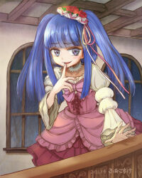 Rule 34 | 1girl, blue eyes, blue hair, bow, commentary request, dated, dress, finger to mouth, flower, frills, furudo erika, hat, highres, lolita fashion, long hair, long sleeves, onyancoppp, open mouth, pink bow, pink dress, pink ribbon, puffy long sleeves, puffy sleeves, ribbon, smile, solo, twintails, umineko no naku koro ni, white ribbon, white sleeves, window
