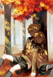 Rule 34 | 1boy, 1girl, autumn leaves, bad id, bad pixiv id, black thighhighs, blonde hair, brother and sister, closed eyes, hair ribbon, hetero, holding hands, interlocked fingers, kagamine len, kagamine rin, leaning on person, moekon, open mouth, ribbon, school uniform, short hair, shorts, siblings, skirt, sleeping, thighhighs, twins, vocaloid