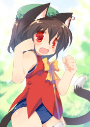 Rule 34 | 1girl, animal ears, bare shoulders, bow, brown hair, cat ears, cat girl, cat tail, chen, child, earrings, fang, female focus, hat, jewelry, nature, open mouth, outdoors, red eyes, short hair, solo, swimsuit, swimsuit under clothes, tail, toba hiyoko, touhou