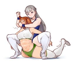 Rule 34 | 2girls, abs, alternate muscle size, blue eyes, boots, breasts, brown hair, camel clutch, closed eyes, crying, female focus, frown, grabbing another&#039;s hair, grey hair, hanzo (2929), kanne (sousou no frieren), lawine (sousou no frieren), long hair, medium breasts, multiple girls, muscular, muscular female, navel, sitting, sitting on person, sousou no frieren, stomach, tank top, tears, thigh boots, thighhighs, white background, white thighhighs, wrestling, wrestling outfit, wristband, yuri
