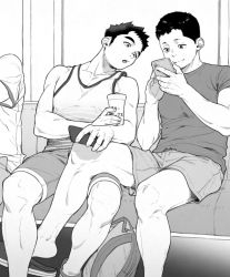 Rule 34 | 2boys, bara, bare shoulders, casual, couple, feet out of frame, gakki (gaku suru), greyscale, head tilt, holding, holding phone, leg between thighs, long sideburns, male focus, monochrome, multiple boys, on person, original, pectorals, phone, short hair, shorts, sideburns, sidepec, smile, tank top, toned, toned male, train sitting