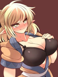 Rule 34 | 1girl, 3:, 3:&lt;, ahoge, angry, black bra, blonde hair, blush, bra, breast hold, breasts, cleavage, frown, full-face blush, green eyes, hand on breast, highres, large breasts, looking at viewer, mizuhashi parsee, navel, open clothes, open robe, pointy ears, revision, robe, short hair, solo, sweat, touhou, ueda katsuhito, underwear, v-shaped eyebrows