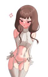 Rule 34 | 1girl, absurdres, anger vein, angry, arms behind back, bare shoulders, blunt bangs, blush, bow, brown eyes, brown hair, commentary, cowboy shot, detached sleeves, english commentary, groin, highres, iino miko, kaguya-sama wa kokurasetai ~tensai-tachi no renai zunousen~, long hair, looking down, meme attire, midriff, moriforests, navel, open mouth, panties, ribbed sweater, side-tie panties, simple background, sleeveless, sleeveless sweater, solo, sweater, thigh gap, underwear, v-shaped eyebrows, virgin destroyer sweater, white background, white bow, white panties, white sweater