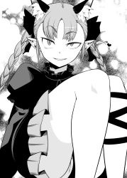 Rule 34 | 1girl, animal ears, arm support, arms at sides, bare legs, braid, cat ears, dress, eyebrows, greyscale, grin, heart, highres, kaenbyou rin, long sleeves, looking at viewer, monochrome, naughty face, panties, pointy ears, puffy long sleeves, puffy sleeves, sitting, slit pupils, smile, solo, thighs, touhou, twin braids, underwear, uraraku shimuni