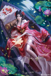 Rule 34 | 1girl, absurdres, bare legs, bare shoulders, barefoot, boat, bug, butterfly, chi lian (qin shi ming yue), dress, flower, from above, full body, hair rings, highres, insect, lily pad, lotus, lying, mingzi jiao shushu, night, off-shoulder dress, off shoulder, on side, parted lips, qinshi mingyue, red dress, ripples, second-party source, solo, spider lily, teeth, watercraft