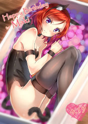 Rule 34 | 10s, 1girl, animal ears, bare shoulders, blush, cat ears, dated, fake animal ears, fetal position, hairband, happy birthday, in container, looking at viewer, love live!, love live! school idol project, nishikino maki, packing peanuts, purple eyes, red hair, shitou (1992116210), short hair, solo, tail, thighhighs
