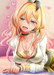 Rule 34 | 1girl, black choker, blonde hair, bracelet, breasts, choker, cleavage, clothes around waist, fang, goddess of victory: nikke, green eyes, hair intakes, hair ornament, happy, heart, highres, jewelry, large breasts, medium breasts, nail polish, necklace, omoimochi, rupee (nikke), skin fang, smile, solo