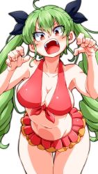 Rule 34 | 1girl, anchovy (girls und panzer), aono3, bikini, black ribbon, breasts, claw pose, cleavage, commentary, cowboy shot, drill hair, frilled bikini, frills, front-tie bikini top, front-tie top, frown, girls und panzer, green hair, hair ribbon, highres, large breasts, leaning forward, long hair, looking at viewer, navel, open mouth, red bikini, red eyes, ribbon, simple background, solo, standing, swimsuit, thigh gap, twin drills, twintails, v-shaped eyebrows, white background