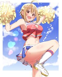 Rule 34 | 1girl, absurdres, ahoge, arm up, armpits, ass, bare legs, blonde hair, blue sky, blurry, blurry background, blush, breasts, cheerleader, cleavage, cleavage cutout, clothing cutout, cropped shirt, haruki (haruki678), highres, holding, holding pom poms, ibuki tsubasa, idolmaster, idolmaster million live!, large breasts, miniskirt, navel, outdoors, outstretched arm, pom pom (cheerleading), pom poms, red shirt, shirt, shoes, skirt, sky, sleeveless, sleeveless shirt, smile, sneakers, solo, standing, standing on one leg, sweatdrop