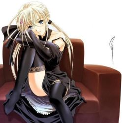 Rule 34 | artist request, black legwear, blonde hair, blue eyes, blush, chair, character request, dress, gown, long hair, simple background, sitting, source request, thighhighs, white background